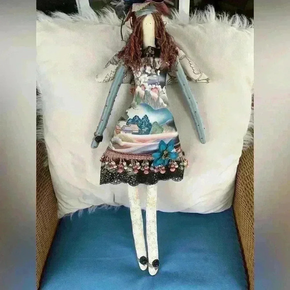 Primitive Christmas Angel Doll Handmade Decoration Folk Art Long Legs Patchwork - Picture 6 of 11